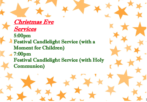 Merry Christmas! You are welcome to attend services on Christmas Eve at 5:00pm and 7:00pm